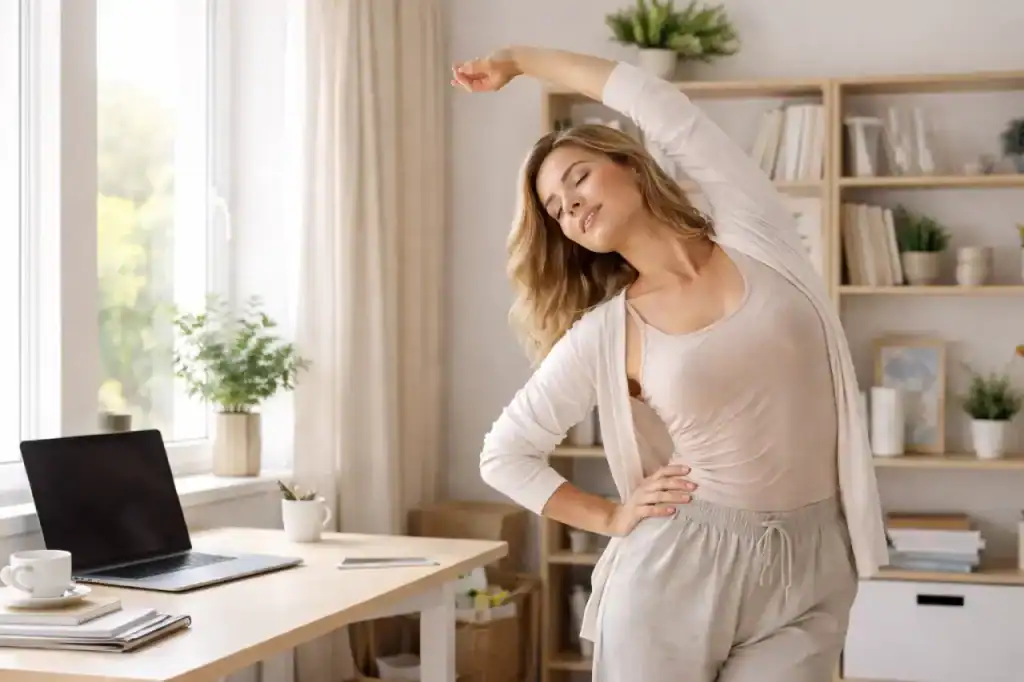 Alongamento simples ao lado da mesa de trabalho, representando os micro movimentos e cuidado com o corpo na rotina.