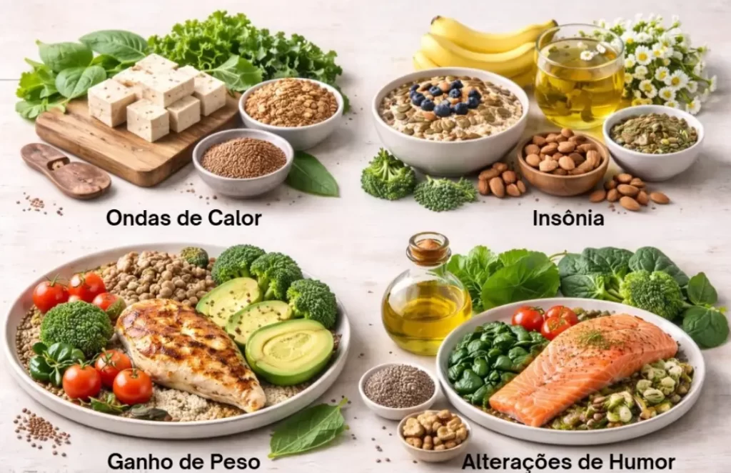 Nutrição na Menopausa com alimentos que ajudam a aliviar ondas de calor, insônia, ganho de peso e alterações de humor