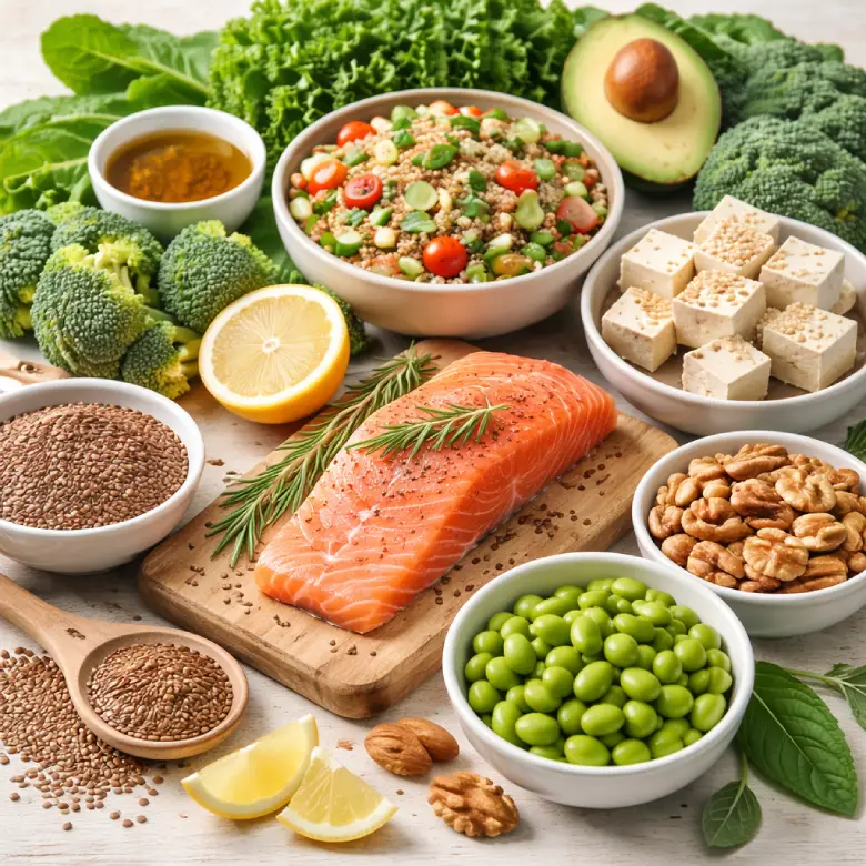 Nutrição na Menopausa com alimentos naturais como peixe, vegetais verdes, sementes e oleaginosas para equilíbrio hormonal