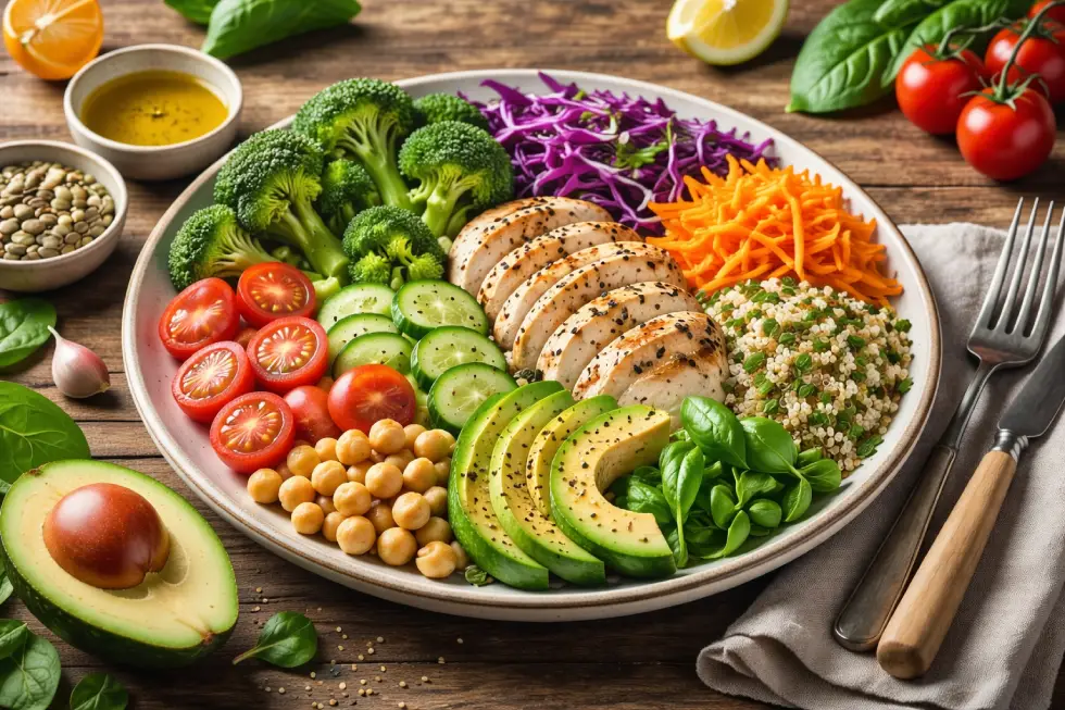 Prato colorido com legumes, verduras e proteínas representando uma alimentação balanceada