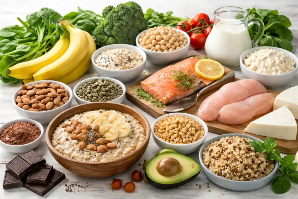 Alimentos indicados na nutrição na TPM como aveia, banana, sementes, iogurte e vegetais verdes.