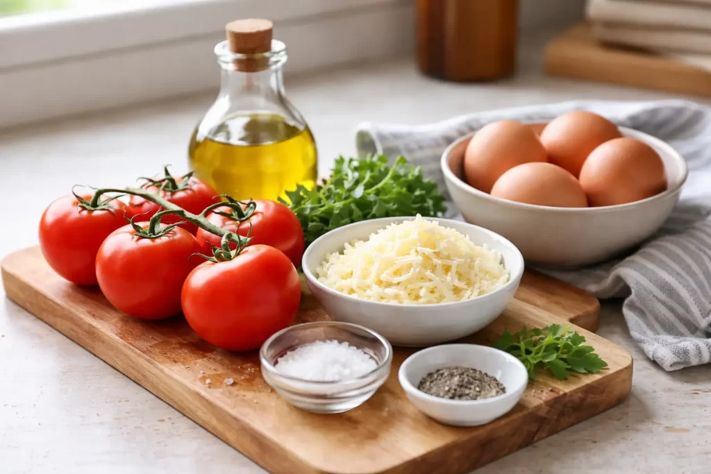 Ingredientes frescos organizados sobre a bancada para preparo da Shakshuka com queijo, com tomates maduros, ovos, queijo ralado e luz natural.
