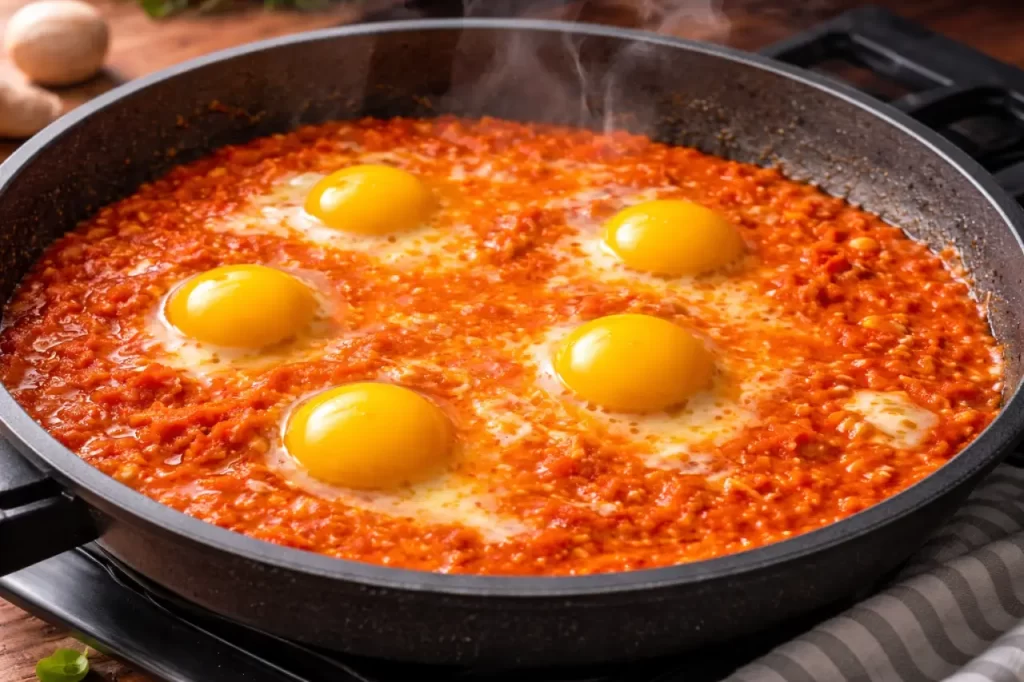 Preparo da Shakshuka com queijo na frigideira.