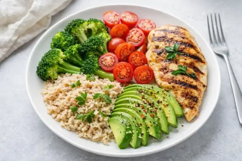 Prato representando uma alimentação equilibrada, com frango grelhado, arroz integral, legumes e abacate.