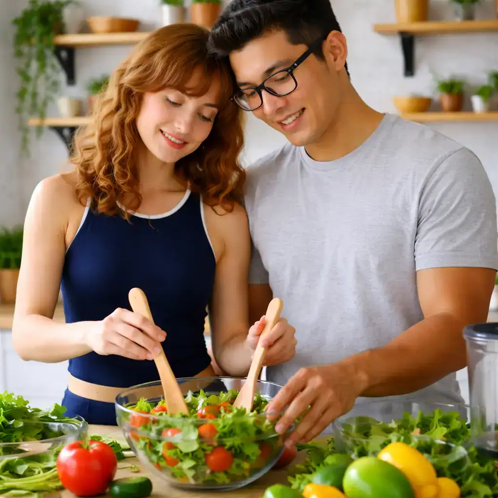 Casal preparando salada com alimentos naturais em uma cozinha clara e aconchegante para manter uma alimentação equilibrada.