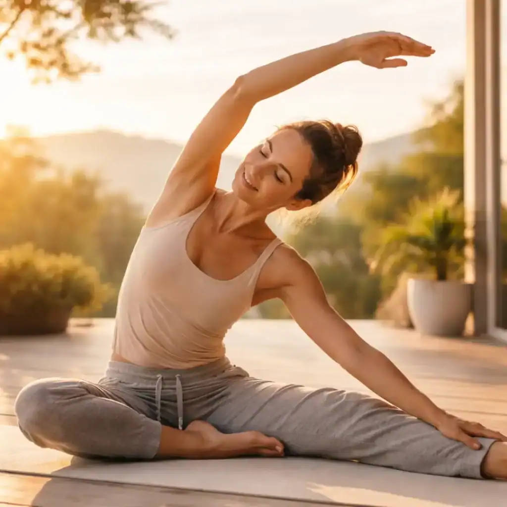 Mulher fazendo alongamento diário ao nascer do sol em ambiente tranquilo, com luz natural e postura relaxada que transmite calma e bem-estar.
