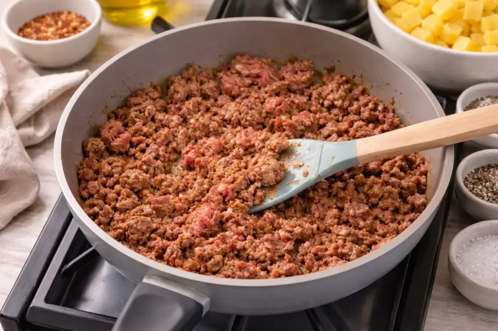 Carne moída sendo refogada na panela para preparar escondidinho saudável.