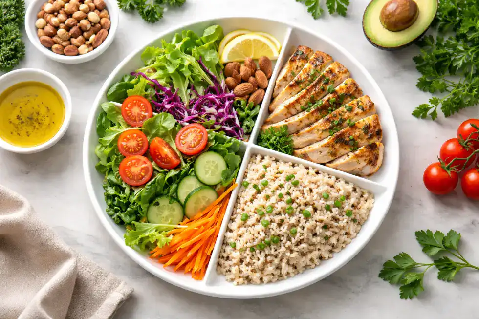 Prato saudável dividido mostrando vegetais, proteína magra, carboidrato integral e gorduras boas