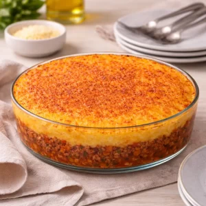 Escondidinho saudável de carne moída com purê de mandioquinha gratinado em refratário de vidro.