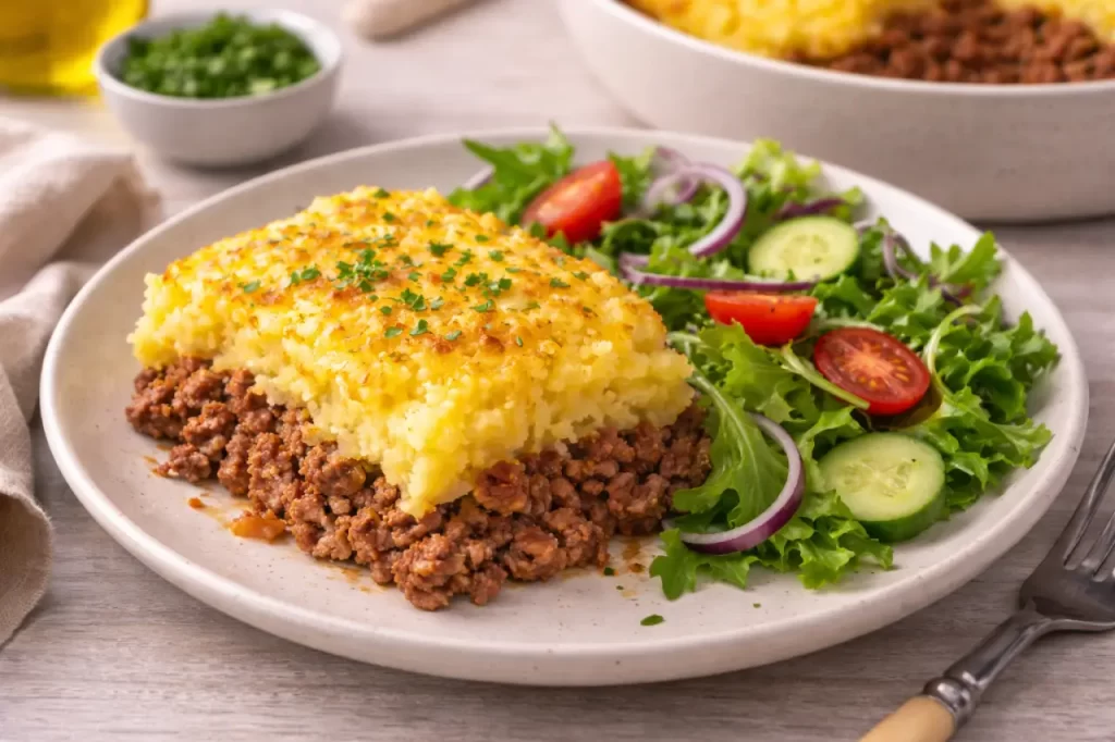 Porção de escondidinho saudável de carne moída com purê de mandioquinha servida com salada verde.