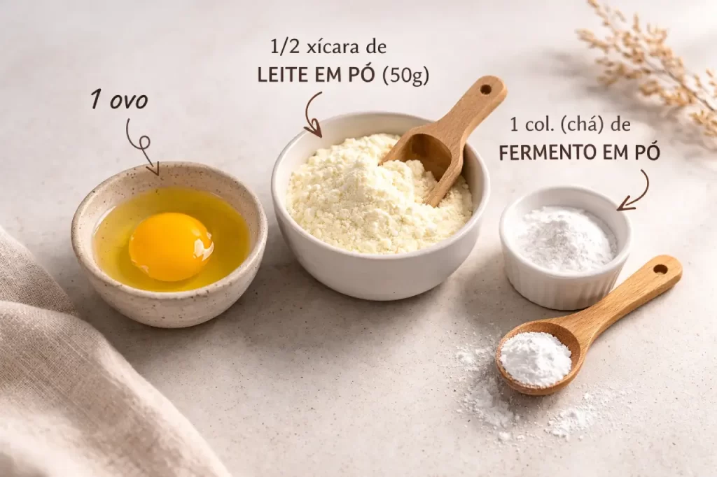 Ingredientes do pão sem farinha proteico organizados sobre bancada clara: ovo em tigela, leite em pó e fermento com medidores ao lado.
