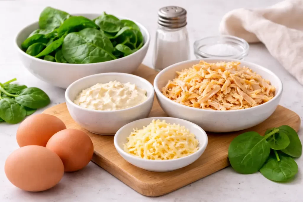 Ingredientes da panqueca sem farinha saudável com ovos espinafre queijo e frango.