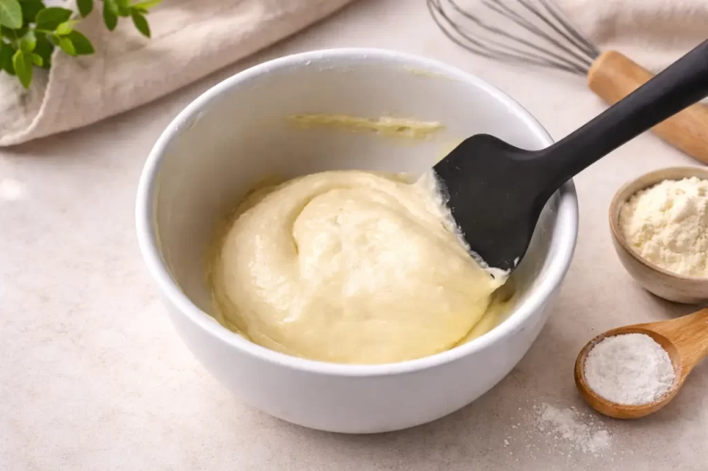 Massa cremosa do pão sem farinha proteico em tigela branca sobre bancada clara, com espátula e utensílios ao redor.
