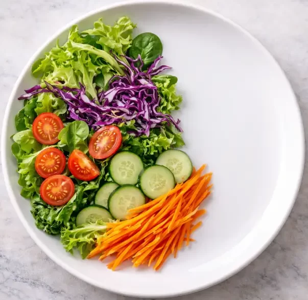 Metade de um prato saudável preenchida com vegetais coloridos como alface, tomate, pepino e cenoura.