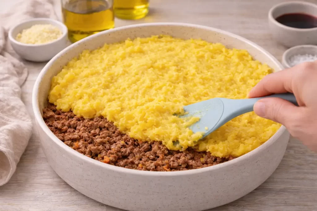 Montagem do escondidinho saudável com purê de mandioquinha sobre carne moída no refratário.