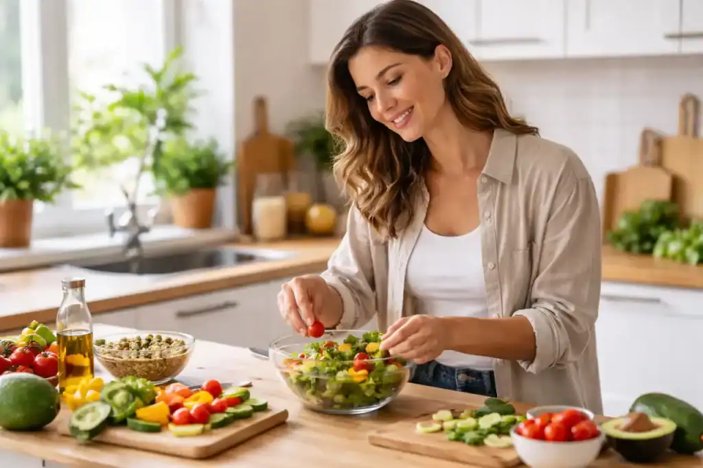 Mulher preparando uma alimentação equilibrada com expressão leve e motivada.