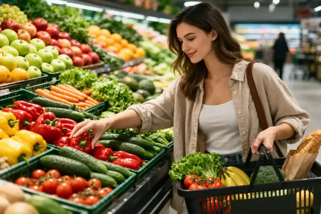 Mulher escolhendo alimentos saudáveis no mercado, como frutas e legumes frescos para manter sua alimentação equilibrada.