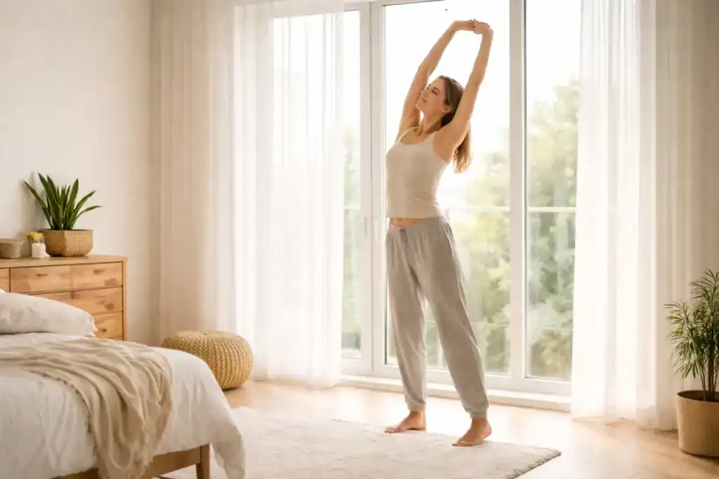 Mulher fazendo alongamento diário perto de uma janela pela manhã, em ambiente claro e minimalista.