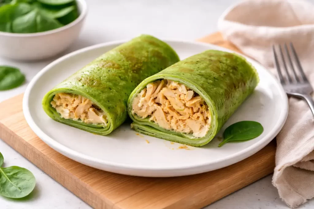 Panqueca sem farinha saudável de espinafre recheada com frango e requeijão cortada ao meio