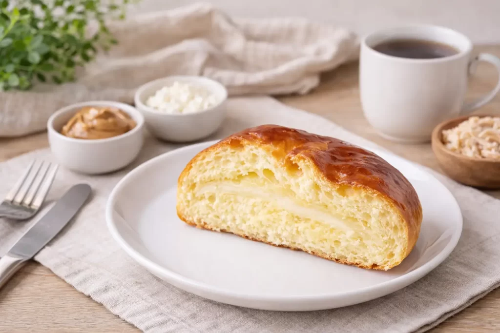 Pão sem farinha proteico cortado ao meio sobre prato branco, mostrando textura macia, acompanhado de café, talheres e opções de recheio em mesa aconchegante.