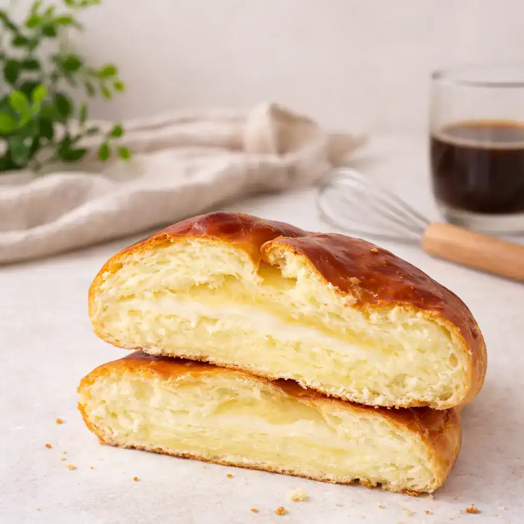 Pão sem farinha proteico cortado ao meio, mostrando a textura interna macia, sobre bancada clara com xícara de café e utensílios ao redor.