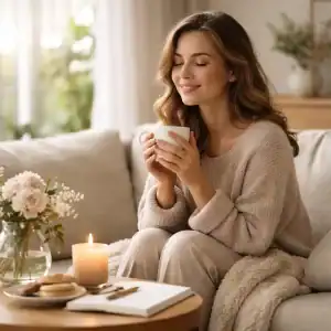 Pequenas vitórias diárias representadas por momento de autocuidado e pausa consciente.