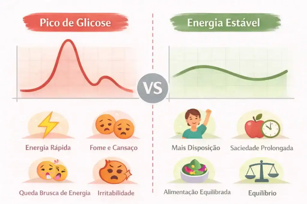 Infográfico sobre consumo de açúcar mostrando a diferença entre pico de glicose e energia estável, com impactos como energia rápida, cansaço, irritabilidade e, por outro lado, mais disposição, saciedade e equilíbrio.
