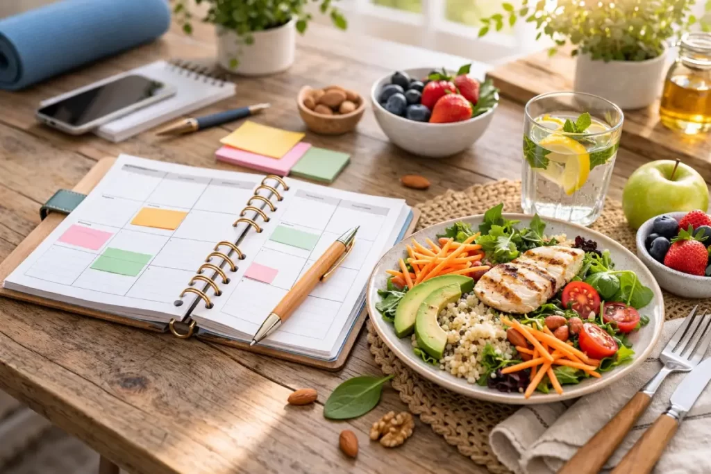 Agenda aberta com planejamento semanal ao lado de refeição equilibrada, representando a organização da vida saudável e social.