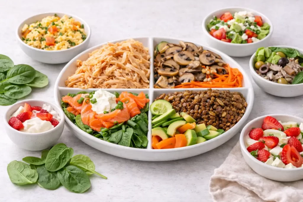 Variações de recheios para panqueca sem farinha saudável com opções proteicas vegetais e doces organizados em pratos.