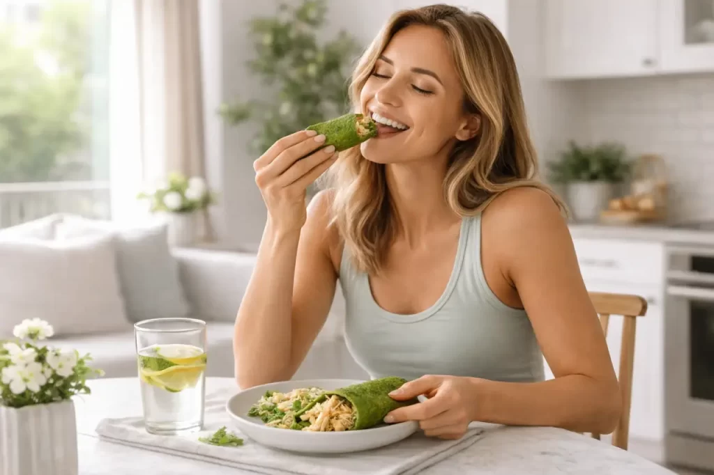 Mulher feliz saboreando panqueca sem farinha saudável em ambiente claro e aconchegante.