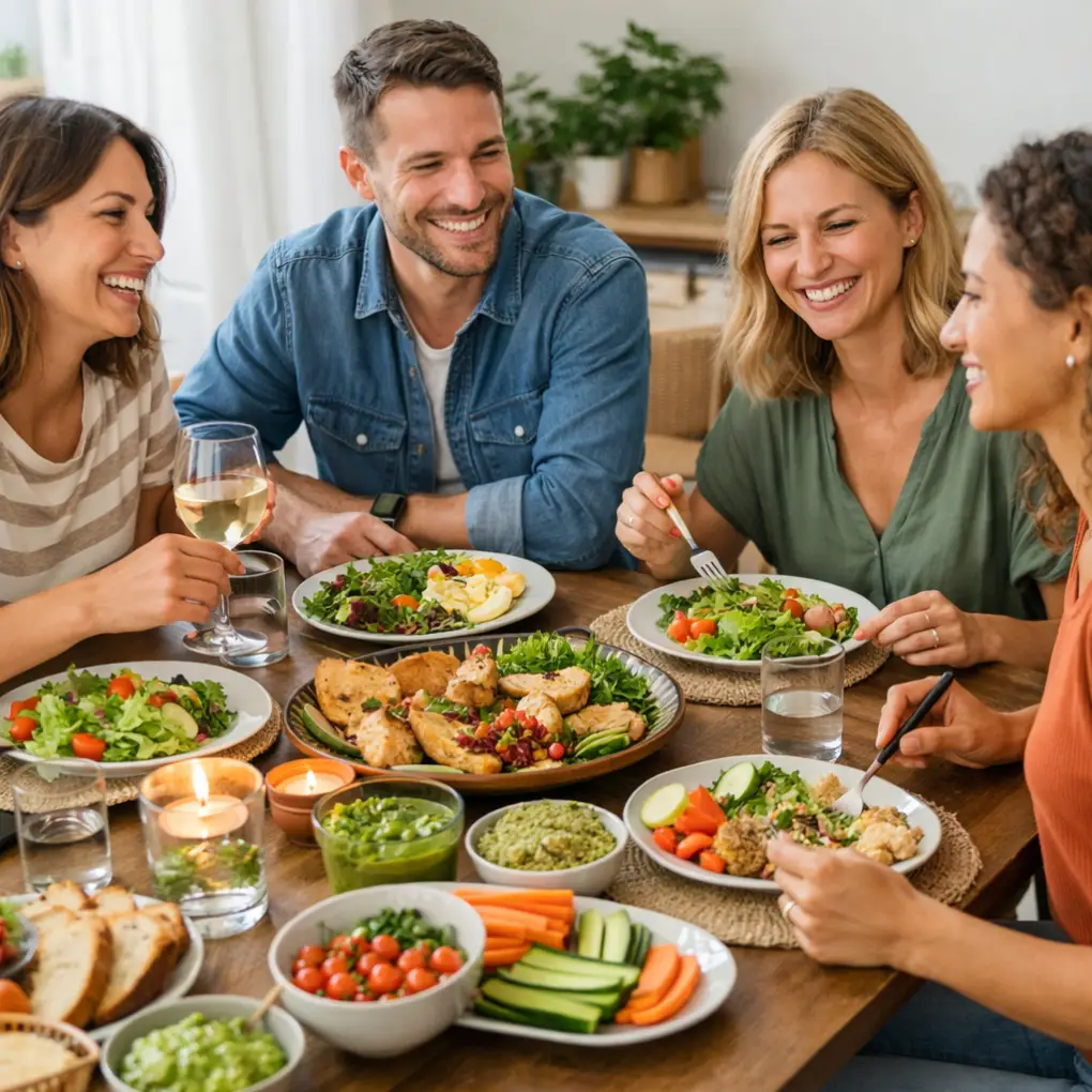 Encontro entre amigos com refeições equilibradas e clima aconchegante, mostrando que vida saudável e social podem caminhar juntas.