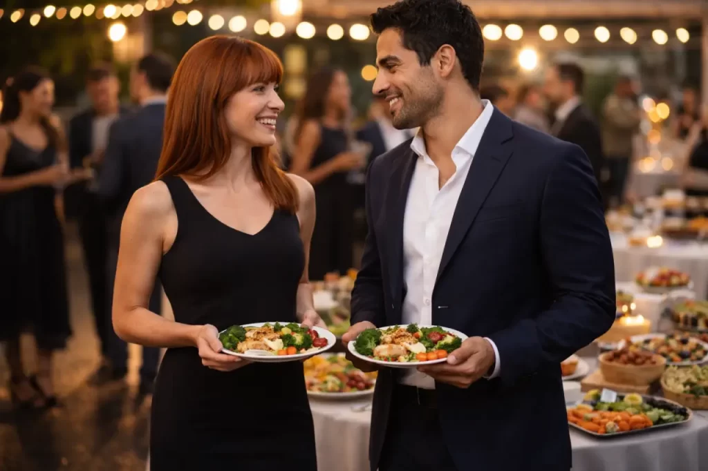 Casal elegante em festa segurando pratos equilibrados, mostrando como vida saudável e social podem coexistir em eventos.