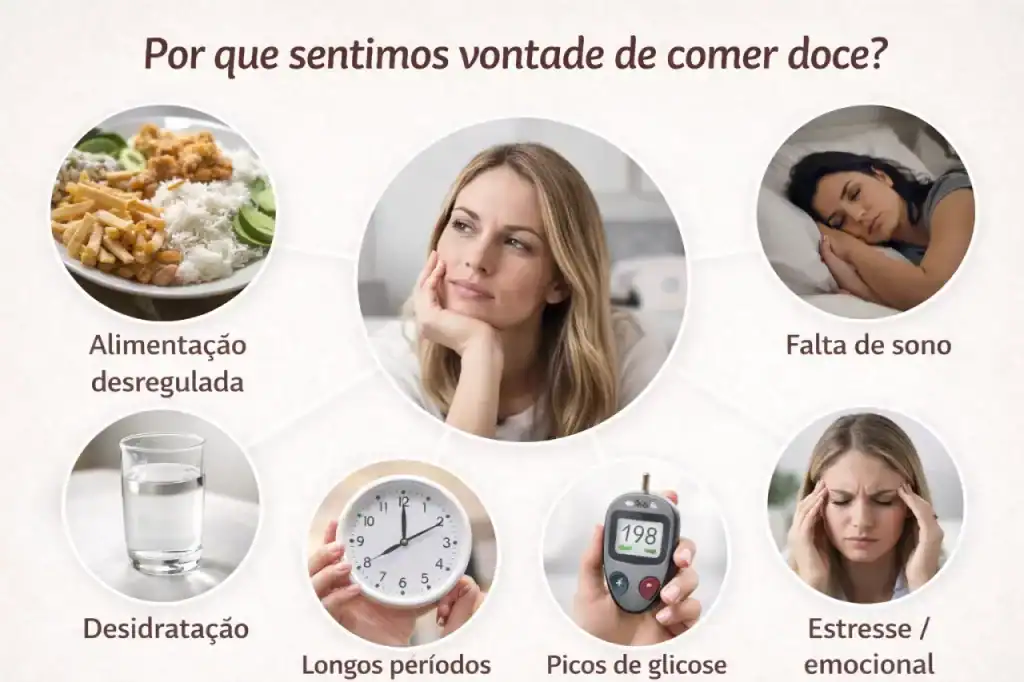 Imagem fotorrealista sobre consumo de açúcar mostrando fatores que aumentam a vontade por doces, como estresse, falta de sono, desidratação, alimentação desregulada e picos de glicose.