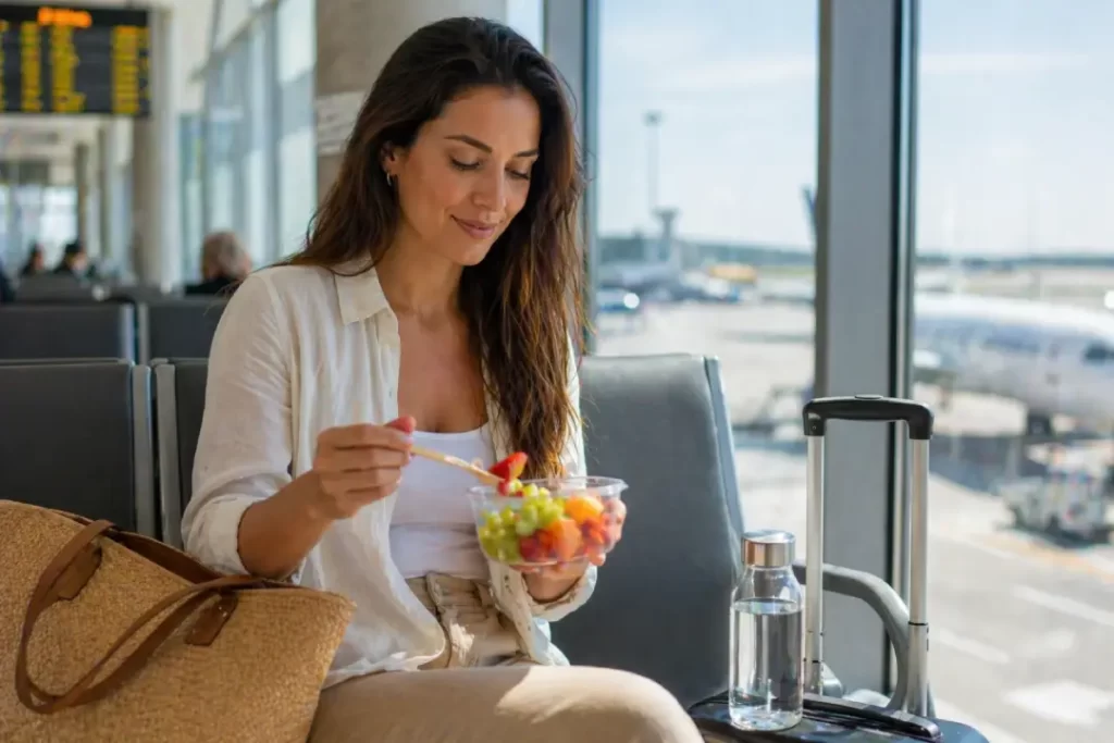 Viajando com lanche saudável e escolhas equilibradas.