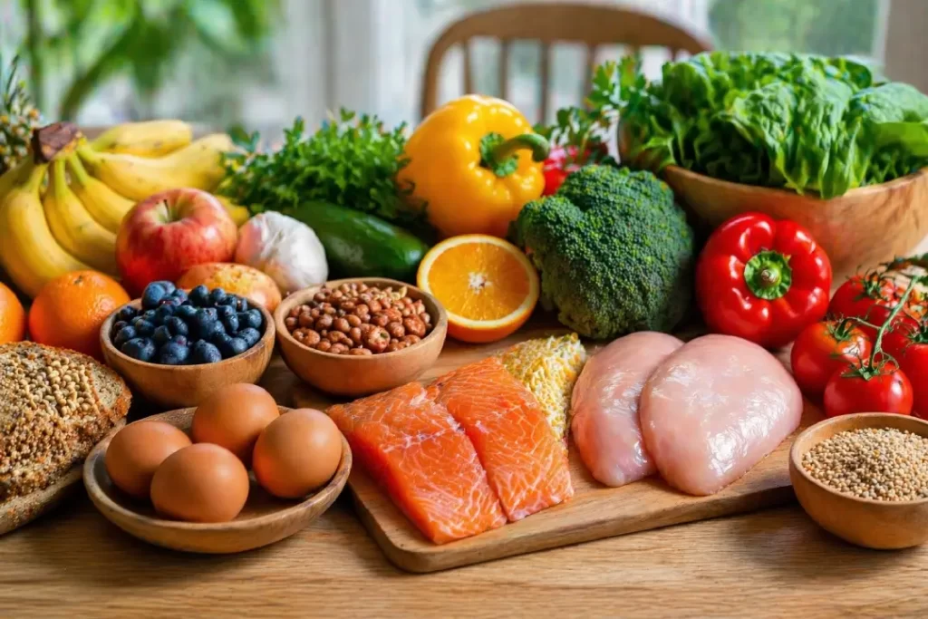 Quando usar suplementos: alimentos naturais variados como frutas, legumes e proteínas organizados sobre a mesa.