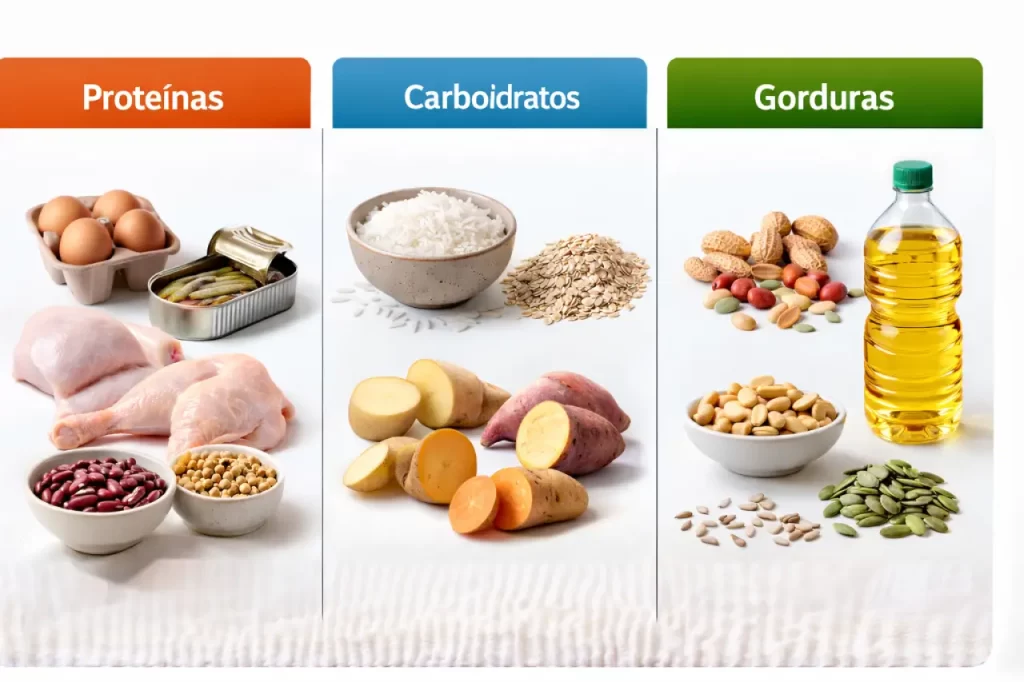 Alimentos baratos divididos em proteínas carboidratos e gorduras para refeições saudáveis baratas.