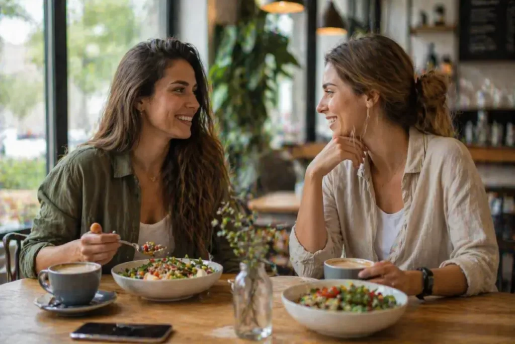 Alimentação inteligente com apoio social entre amigas em refeição saudável.