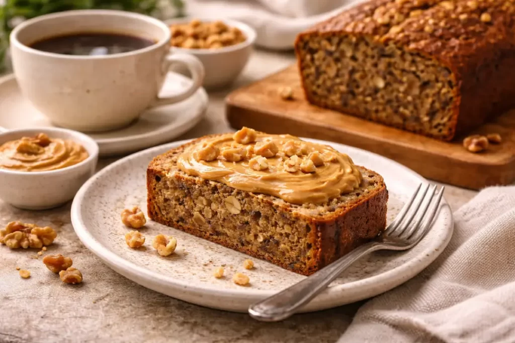 Fatia de bolo de banana com cacau com pasta de amendoim, servida com café em mesa aconchegante.