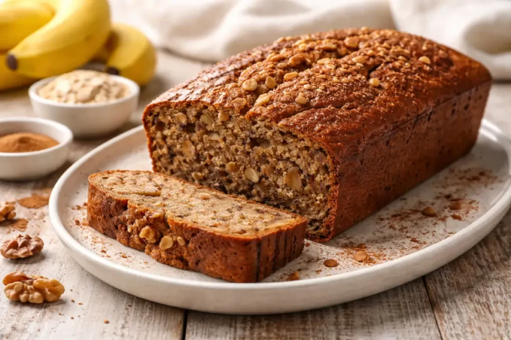 Bolo de banana com cacau saudável, macio e dourado, com fatia cortada mostrando a textura interna.