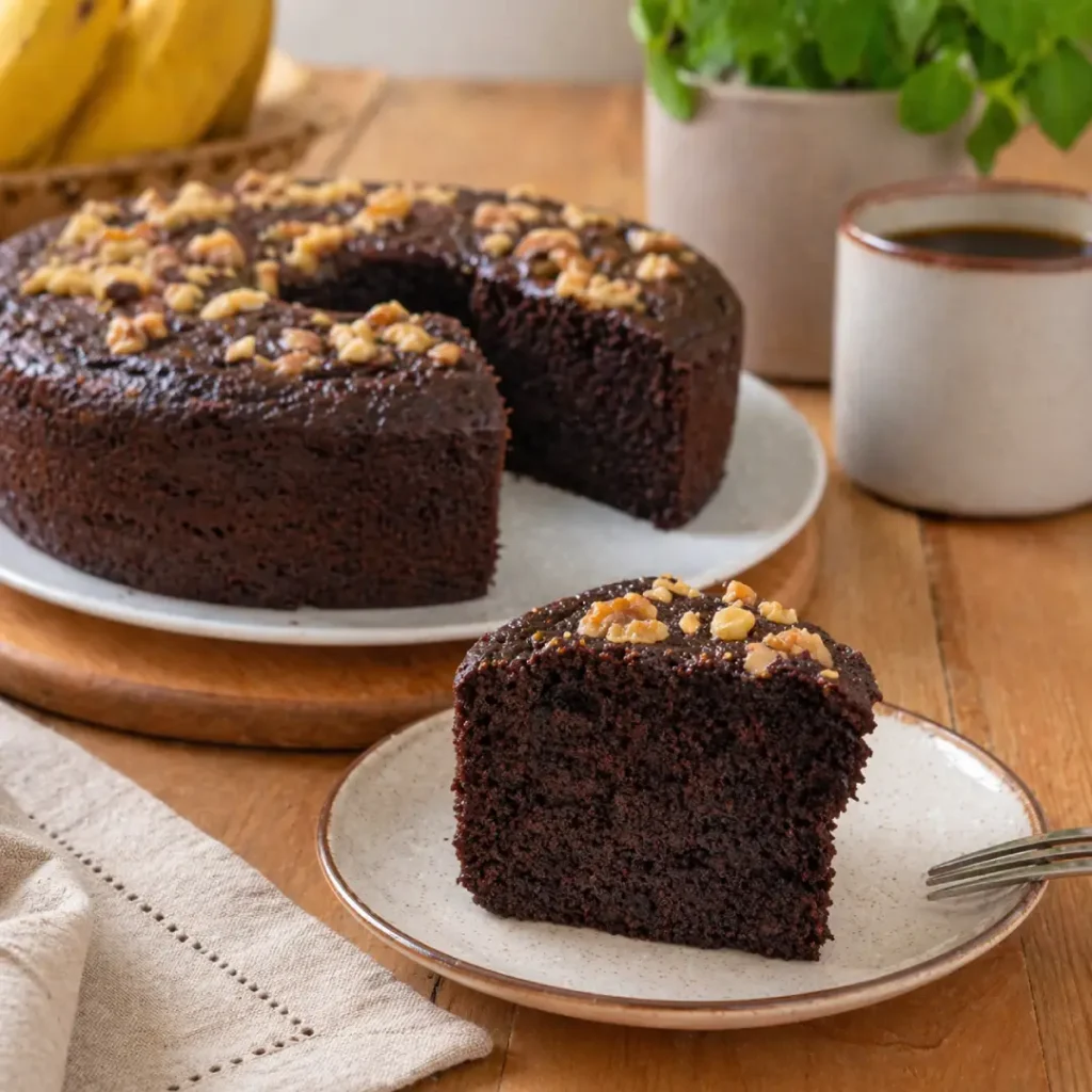Bolo de banana saudável fofinho com textura úmida e caseira.