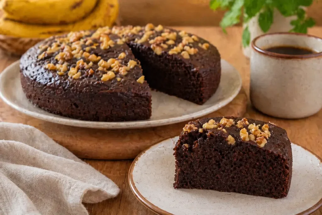 Bolo de banana saudável servido em fatia com textura macia e caseira