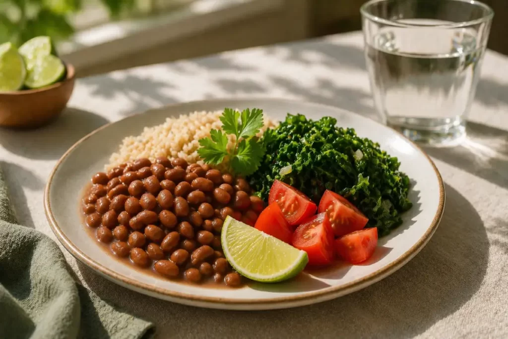 Combinação de alimentos com ferro e vitamina C como feijão, folhas verdes e limão para melhor absorção.