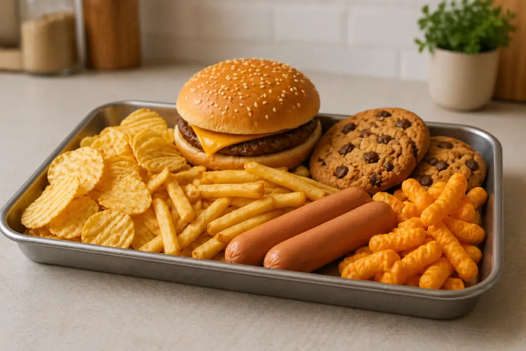 Alimentos ultraprocessados como hambúrguer, batata frita, biscoitos e salgadinhos.