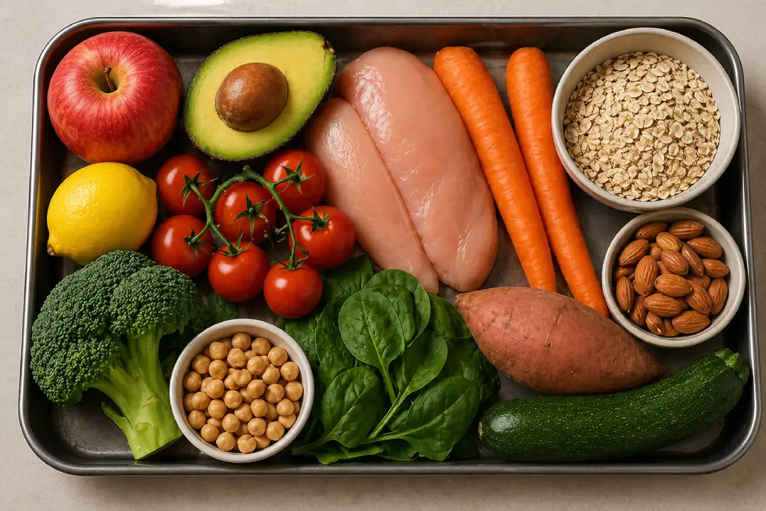 Alimentos naturais organizados como exemplo de substituição aos ultraprocessados.