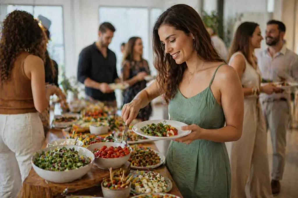 Alimentação inteligente ao escolher pequenas porções em evento social.