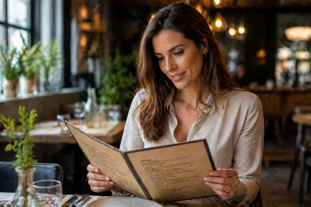 Alimentação inteligente ao escolher prato saudável em restaurante.