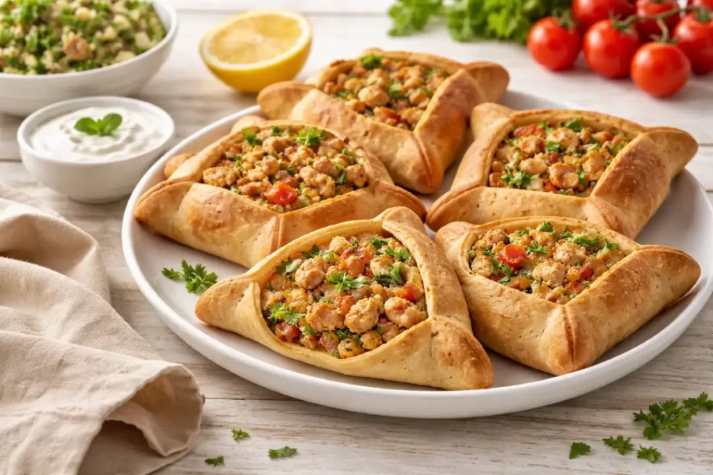 Esfirra saudável caseira assada, com massa leve e recheio nutritivo, servida em prato com ingredientes frescos ao redor.