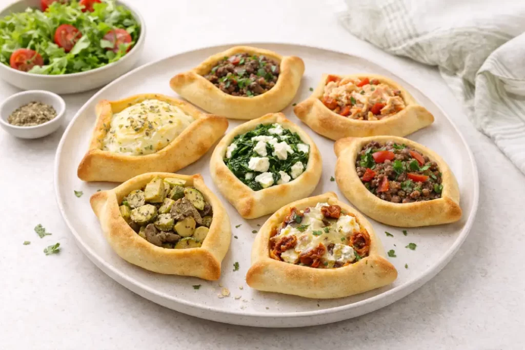 Esfirra saudável com recheios variados servida em prato claro, acompanhada de salada leve.