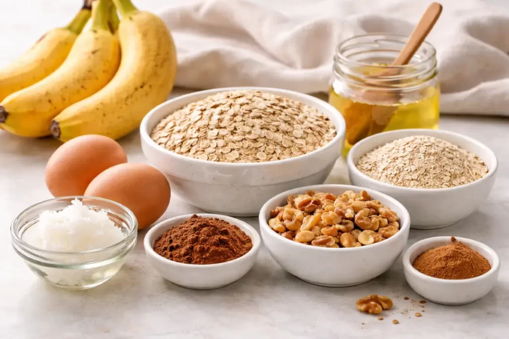 Ingredientes do bolo de banana com cacau organizados sobre bancada clara, com bananas maduras, aveia, ovos e castanhas.