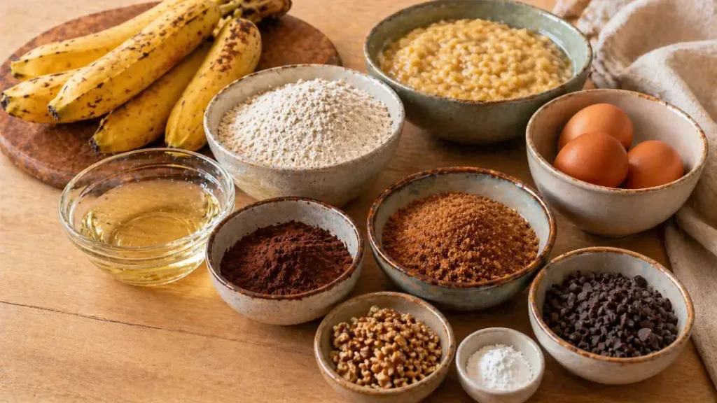 Ingredientes do bolo de banana saudável organizados sobre mesa de madeira.